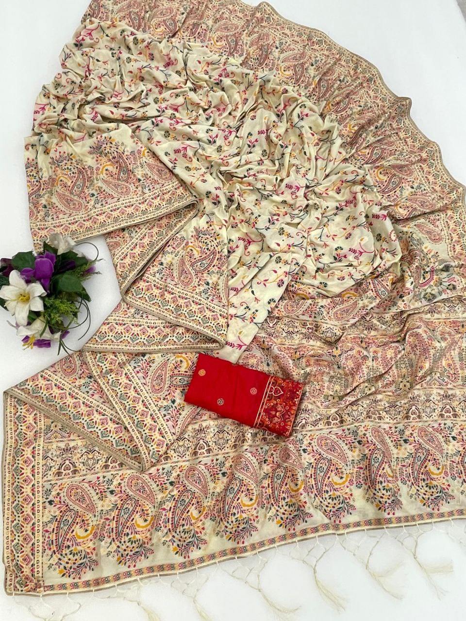Royal Pashmina Kaju Soft Silk Saree - CREAM