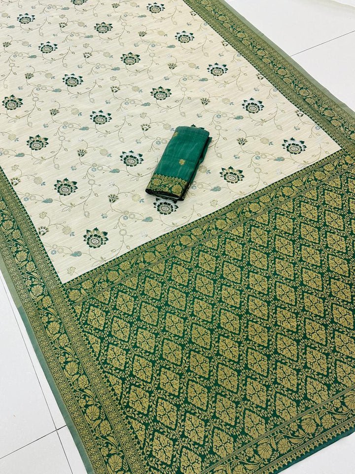 Festive Special Banarasi Silk Saree in Royal Ivory Tone - GREEN
