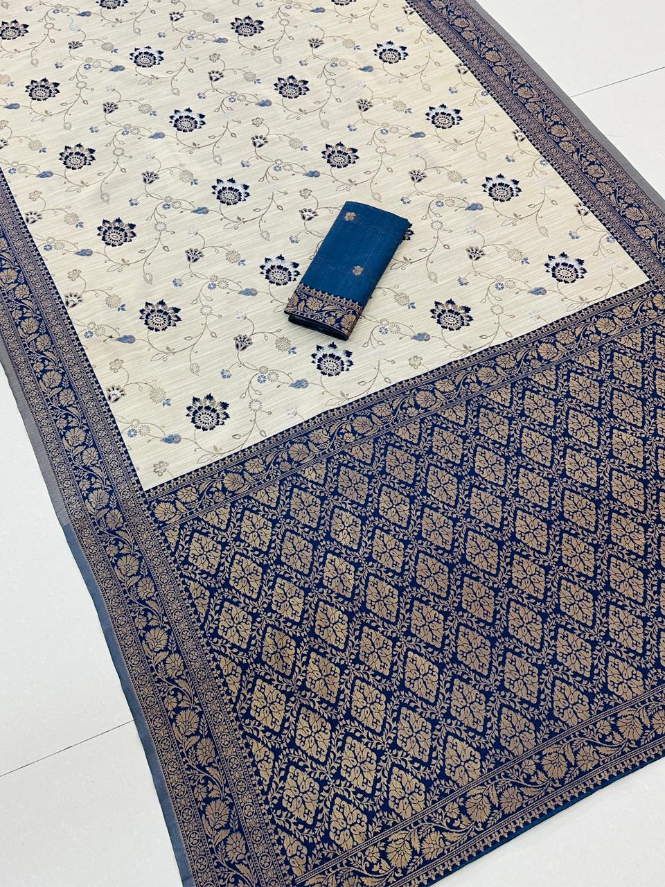 Festive Special Banarasi Silk Saree in Royal Ivory Tone - BLUE