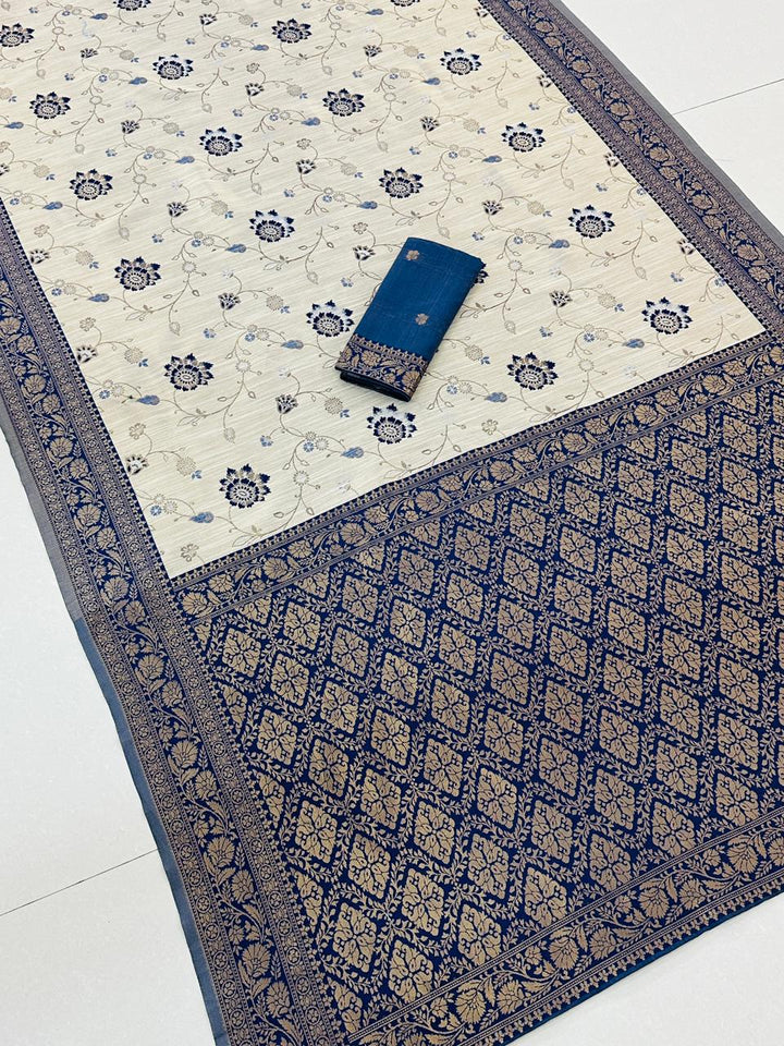 Festive Special Banarasi Silk Saree in Royal Ivory Tone - BLUE