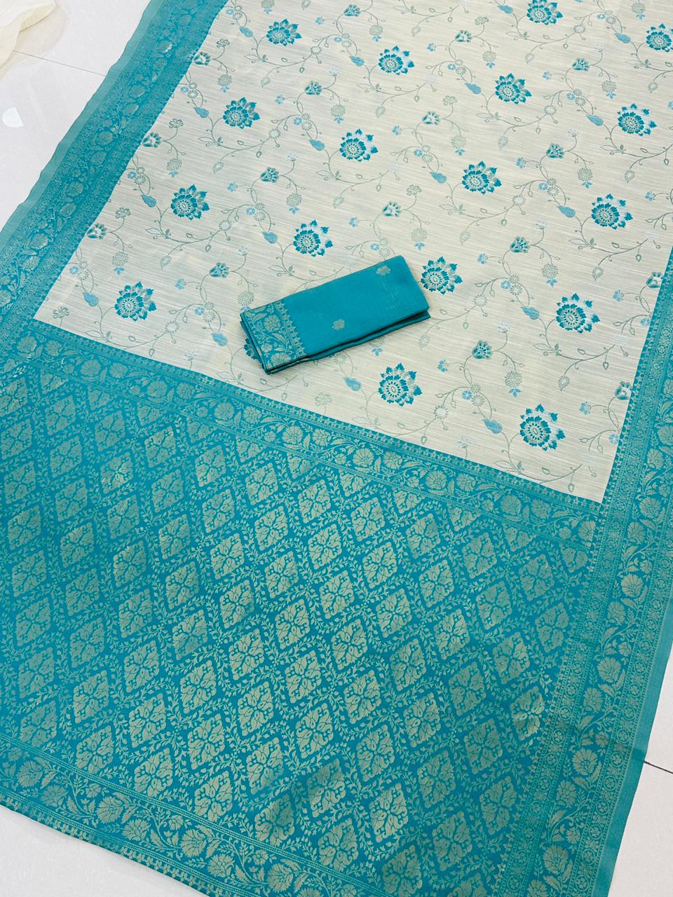 Festive Special Banarasi Silk Saree in Royal Ivory Tone - SKY BLUE