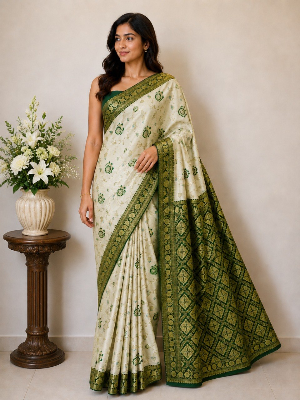 Festive Special Banarasi Silk Saree in Royal Ivory Tone - GREEN