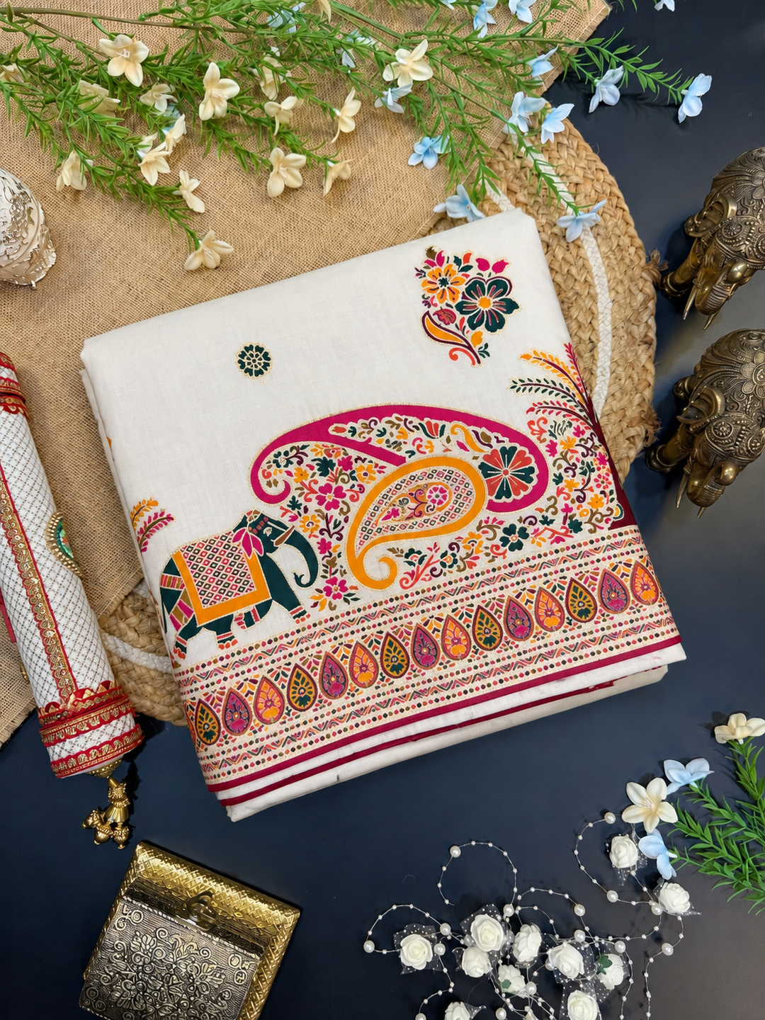 Rajwada Rangoli – A Royal Heritage Saree Featuring Exquisite Paisley, Floral &amp; Elephant Motifs