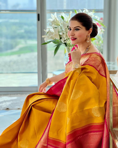 Yellow Colour Kanjivaram Woven Silk Saree With Blouse Piece