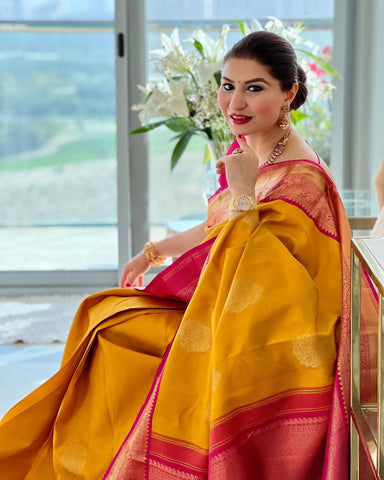 Yellow Colour Kanjivaram Woven Silk Saree With Blouse Piece