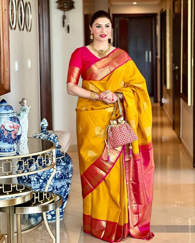 Yellow Colour Kanjivaram Woven Silk Saree With Blouse Piece