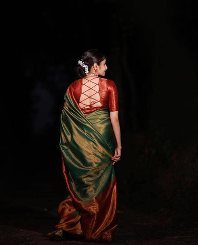 Green and Red Colour Kanjivaram Woven Silk Saree With Blouse Piece