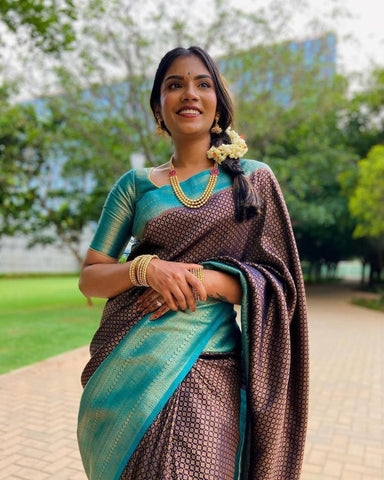 Dark Brown Colour Kanjivaram Woven Silk Saree With Blouse Piece