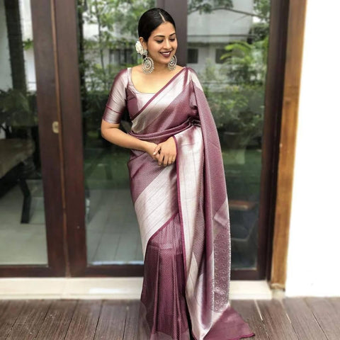 Wine Colour Kanjivaram Woven Silk Saree With Blouse Piece