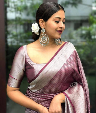 Wine Colour Kanjivaram Woven Silk Saree With Blouse Piece