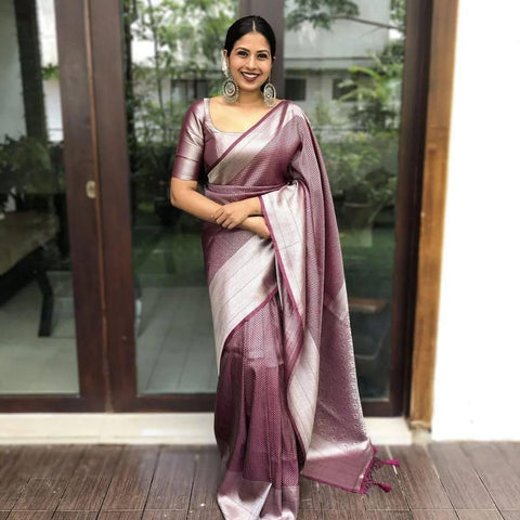 Wine Colour Kanjivaram Woven Silk Saree With Blouse Piece