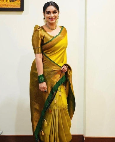Lemon Yellow Colour Kanjivaram Woven Silk Saree With Blouse Piece