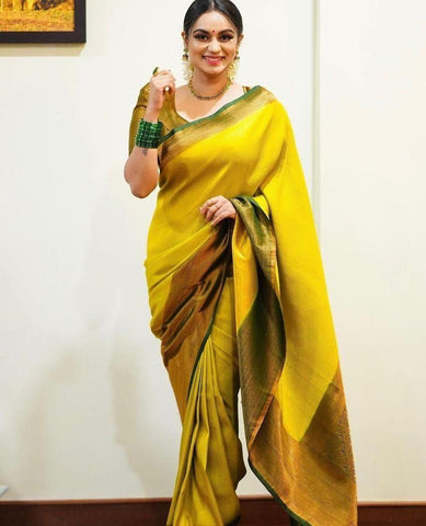 Lemon Yellow Colour Kanjivaram Woven Silk Saree With Blouse Piece