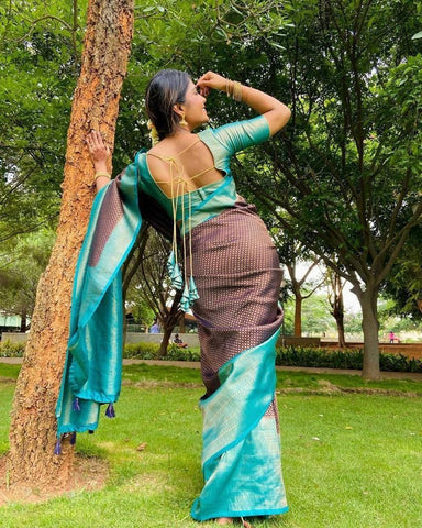 Dark Brown Colour Kanjivaram Woven Silk Saree With Blouse Piece