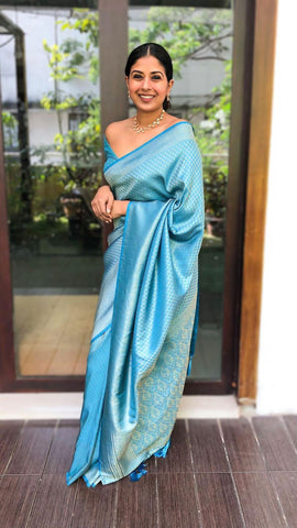 Light sky Colour Kanjivaram Woven Silk Saree With Blouse Piece