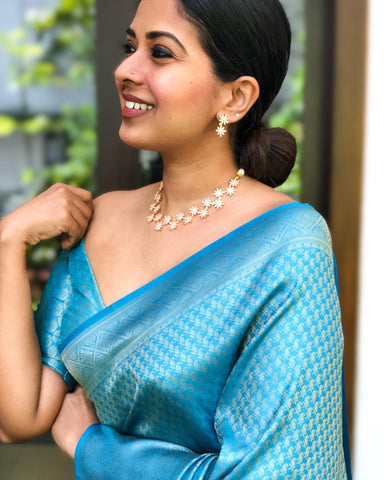 Light sky Colour Kanjivaram Woven Silk Saree With Blouse Piece