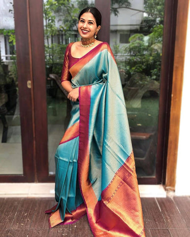 Wedding Wear Kanjivaram Woven Silk Saree With Blouse Piece