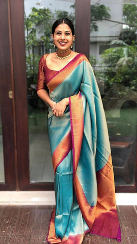 Wedding Wear Kanjivaram Woven Silk Saree With Blouse Piece