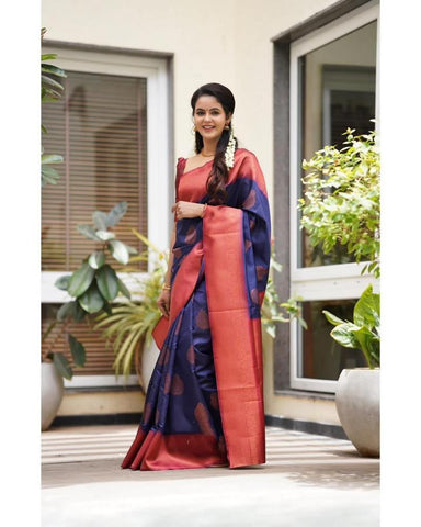 Navy Blue Colour Kanjivaram Woven Silk Saree With Blouse Piece