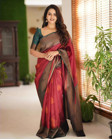 Maroon Colour Kanjivaram Woven Silk Saree With Blouse Piece