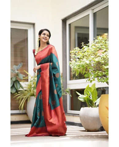 Rama Colour Kanjivaram Woven Silk Saree With Blouse Piece