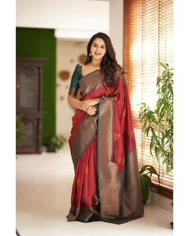 Maroon Colour Kanjivaram Woven Silk Saree With Blouse Piece