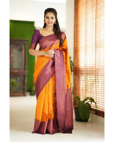 Yellow Colour Kanjivaram Woven Silk Saree With Blouse Piece