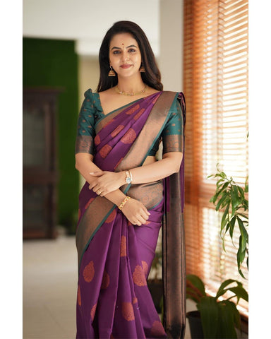 Purple and Green Colour Kanjivaram Woven Silk Saree With Blouse Piece