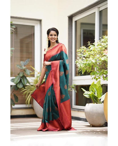 Rama Colour Kanjivaram Woven Silk Saree With Blouse Piece