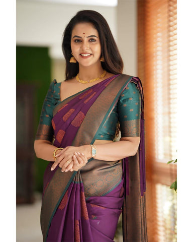 Purple and Green Colour Kanjivaram Woven Silk Saree With Blouse Piece