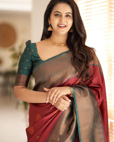 Maroon Colour Kanjivaram Woven Silk Saree With Blouse Piece