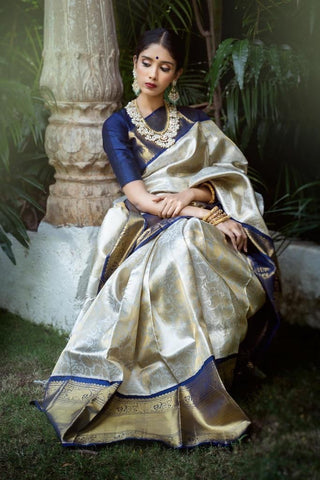 Cream and Blue Colour Kanjivaram Woven Silk Saree With Blouse Piece