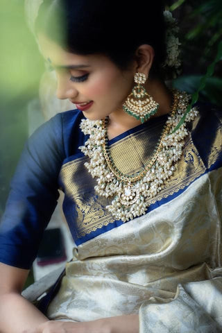 Cream and Blue Colour Kanjivaram Woven Silk Saree With Blouse Piece