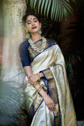 Cream and Blue Colour Kanjivaram Woven Silk Saree With Blouse Piece