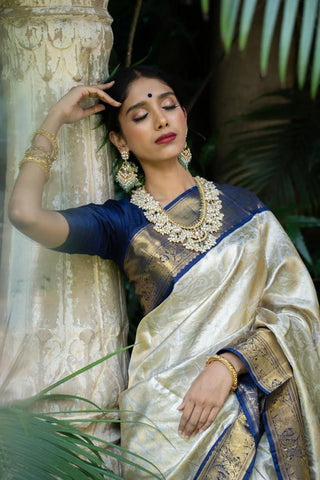 Cream and Blue Colour Kanjivaram Woven Silk Saree With Blouse Piece