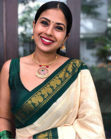 Cream and Green Colour Kanjivaram Woven Silk Saree With Blouse Piece