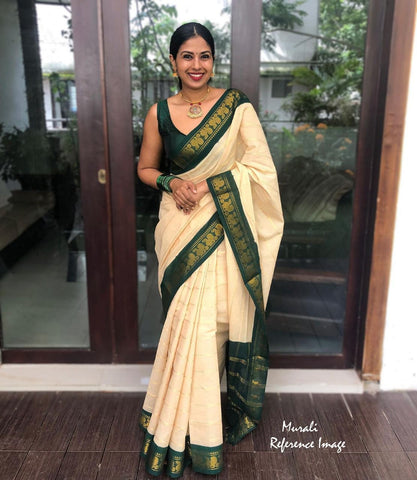 Cream and Green Colour Kanjivaram Woven Silk Saree With Blouse Piece