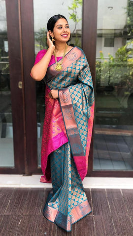 Blue and Pink Colour Kanjivaram Woven Silk Saree With Blouse Piece