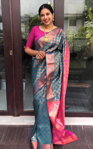 Blue and Pink Colour Kanjivaram Woven Silk Saree With Blouse Piece