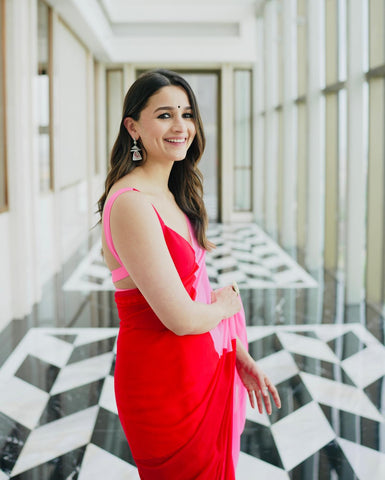 Red and Pink Colour 1-Min Georgette Ready To Wear Saree With Blouse Piece