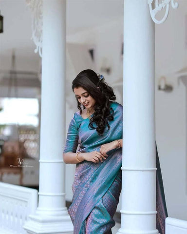 Blue Colour Kanjivaram Woven Silk Saree With Blouse Piece