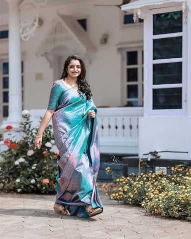 Blue Colour Kanjivaram Woven Silk Saree With Blouse Piece