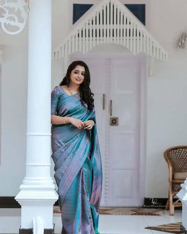 Blue Colour Kanjivaram Woven Silk Saree With Blouse Piece