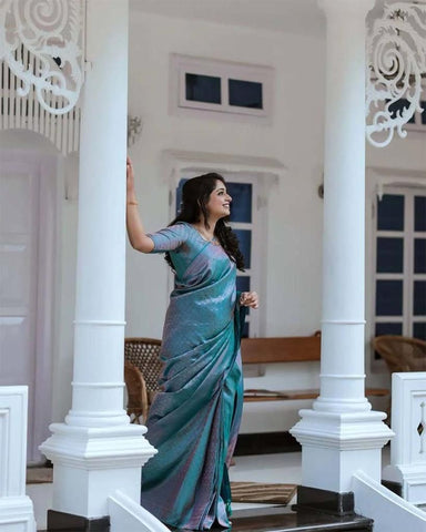 Blue Colour Kanjivaram Woven Silk Saree With Blouse Piece