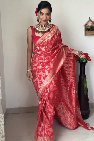 Red Colour 1-Min Jacquard Ready To Wear Saree With Blouse Piece