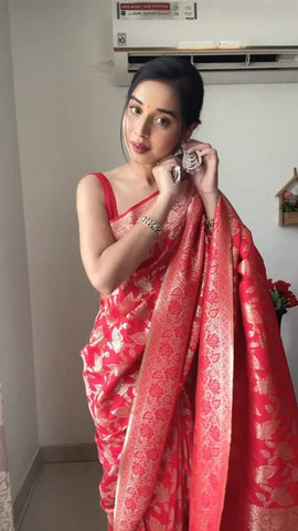 Red Colour 1-Min Jacquard Ready To Wear Saree With Blouse Piece