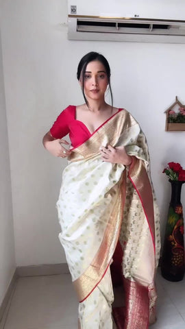 Beige Colour 1-Min Jacquard Ready To Wear Saree With Blouse Piece