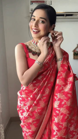 Red Colour 1-Min Jacquard Ready To Wear Saree With Blouse Piece