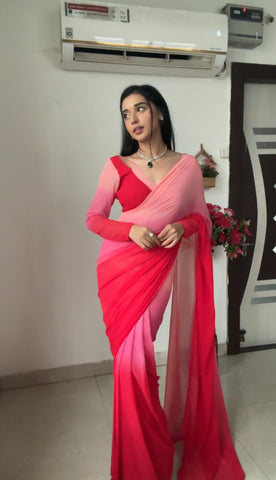 Allure 1-Minute Ready To Wear Red and Baby Pink Georgette Saree