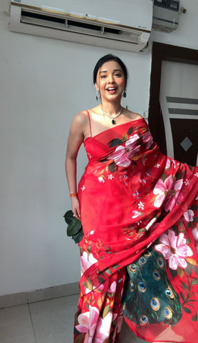 Seraglio 1-Minute Ready To Wear Red Organza Silk Saree